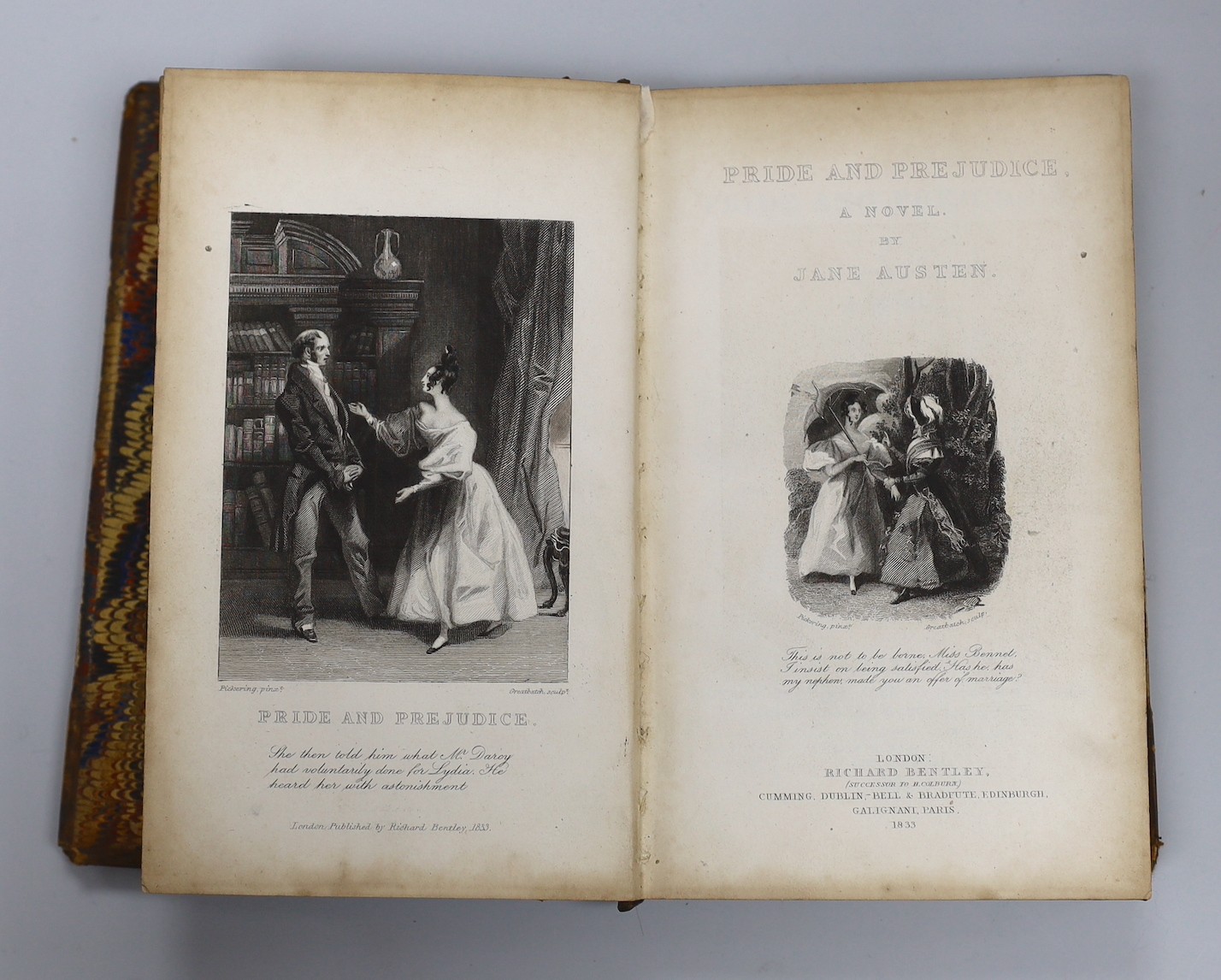 Austen, Jane - Pride and Prejudice. A Novel. First Collected Edition. pictorial engraved and printed titles, frontis; mid 19th century half calf and marbled boards, panelled spine with black label
